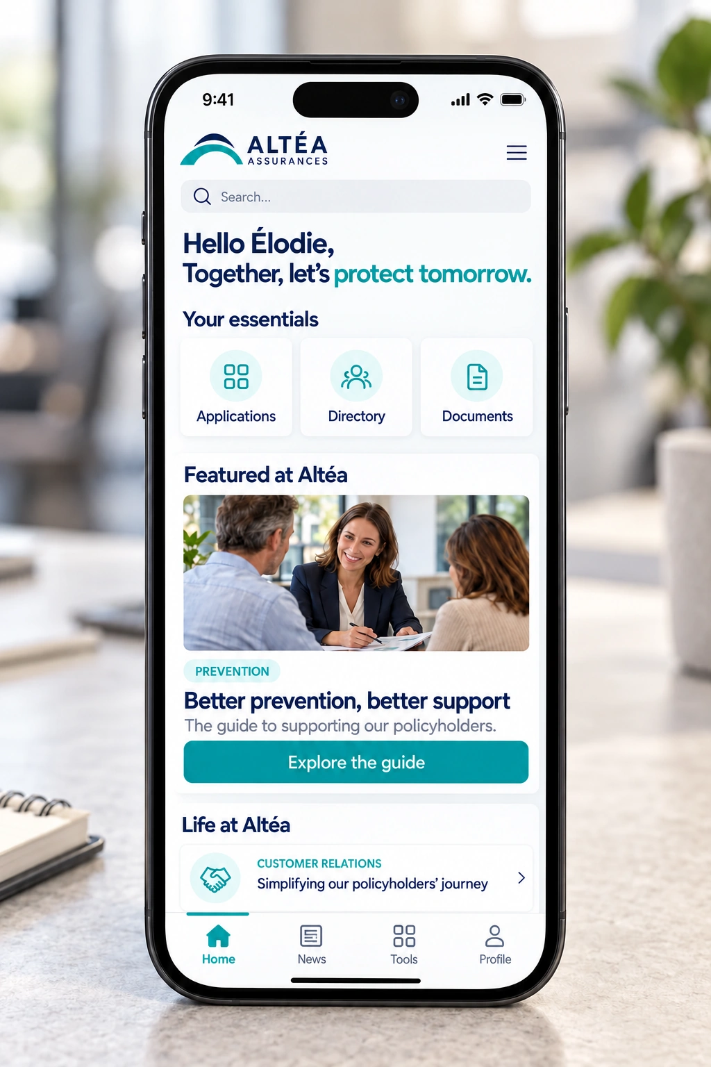 The same intranet on a smartphone: essential links, top story and company life