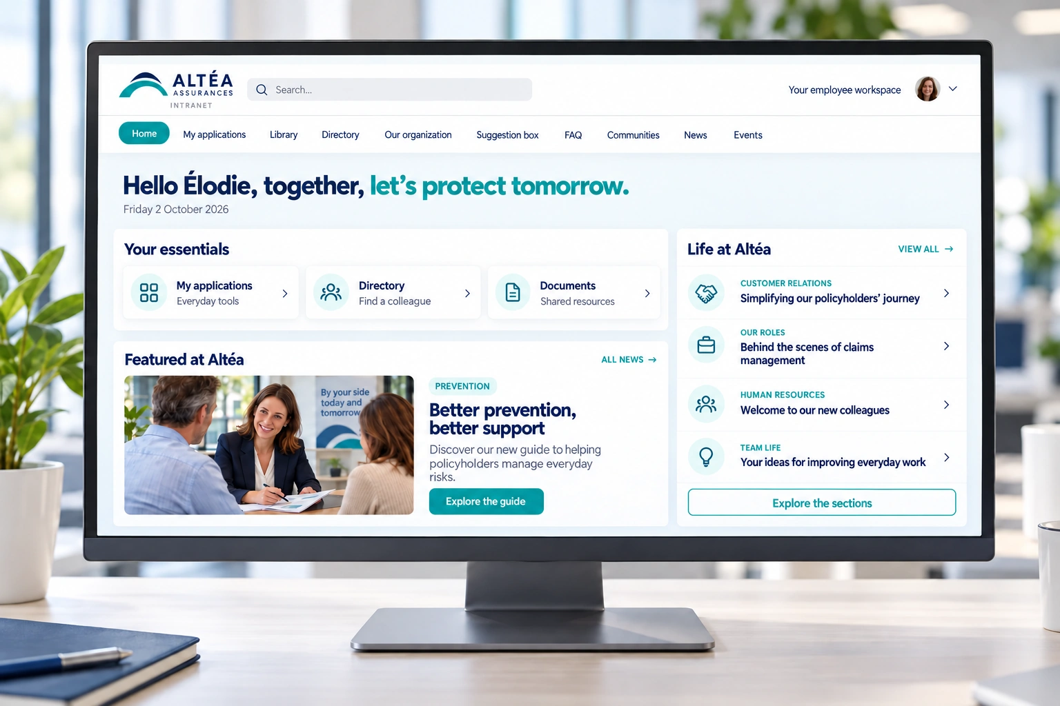 An insurer's intranet home page on a computer screen: essential links, top story and company life sections