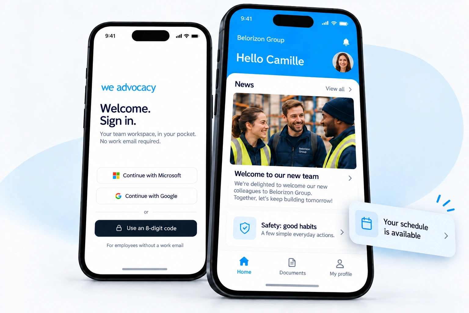 We Advocacy app sign-in screen and home page of an employee space with news and a schedule notification