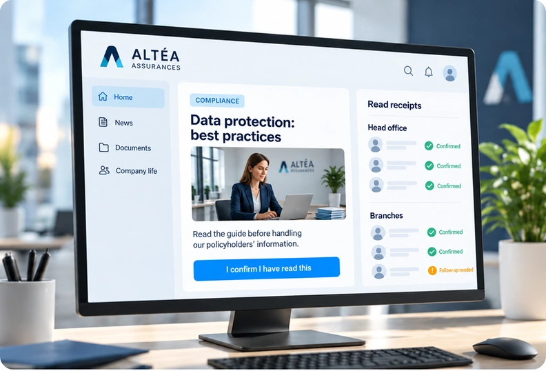 An insurer's intranet showing a compliance instruction on data protection, with a read confirmation button and tracking of read receipts by head office and branch