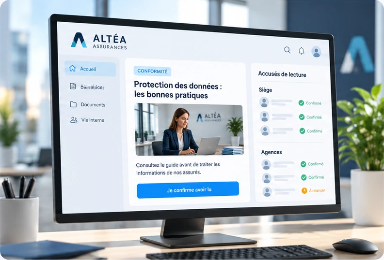 Intranet d'un assureur affichant une consigne de conformité sur la protection des données, avec bouton de confirmation de lecture et suivi des accusés de lecture par siège et par agence