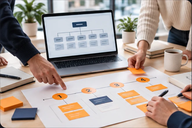 Atelier de travail sur la nouvelle arborescence de l'intranet, en quatre étapes, avec ordinateur et notes adhésives
