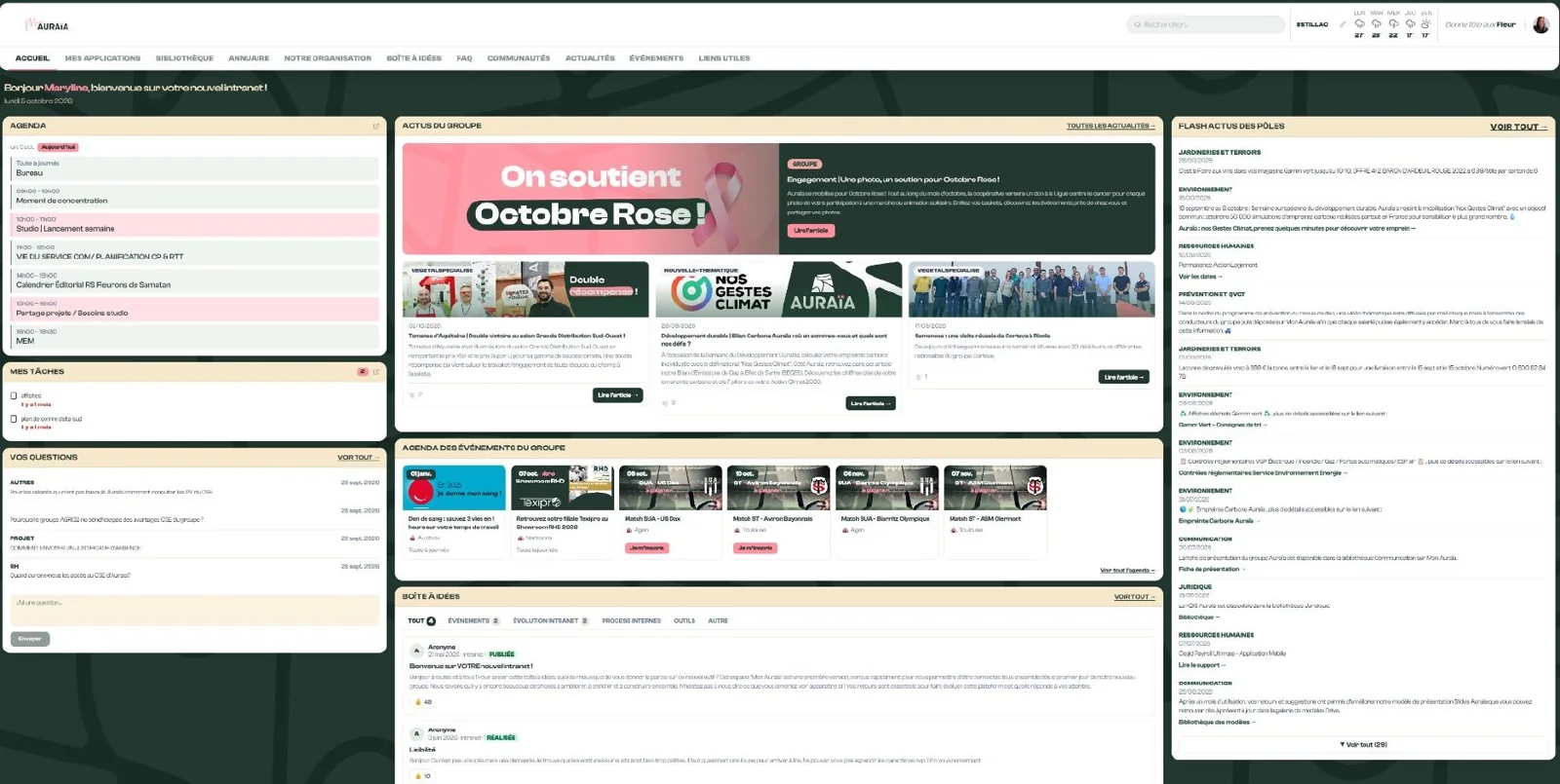 La page d'accueil de Mon Auraïa : agenda et tâches Google, actualités, flash actus des pôles, événements, questions et boîte à idées.