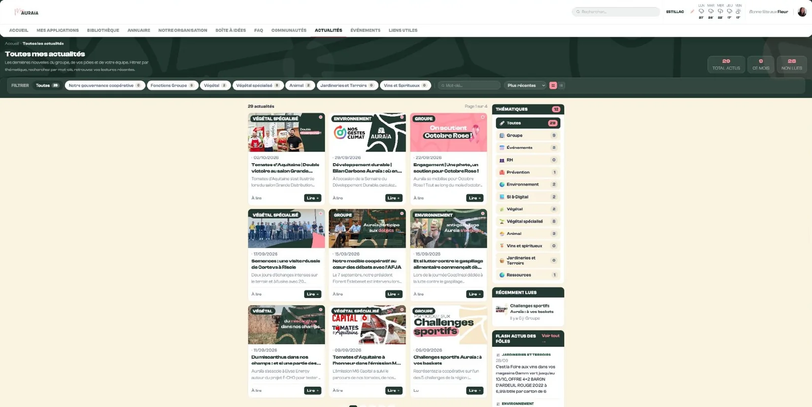 La page des actualités, filtrable par thématique et par pôle.
