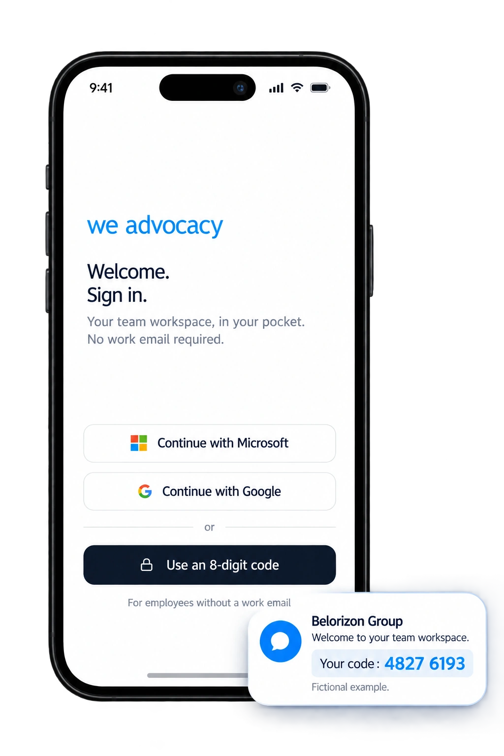 Sign-in screen with the “Use an 8-digit code” button and the SMS containing the personal code