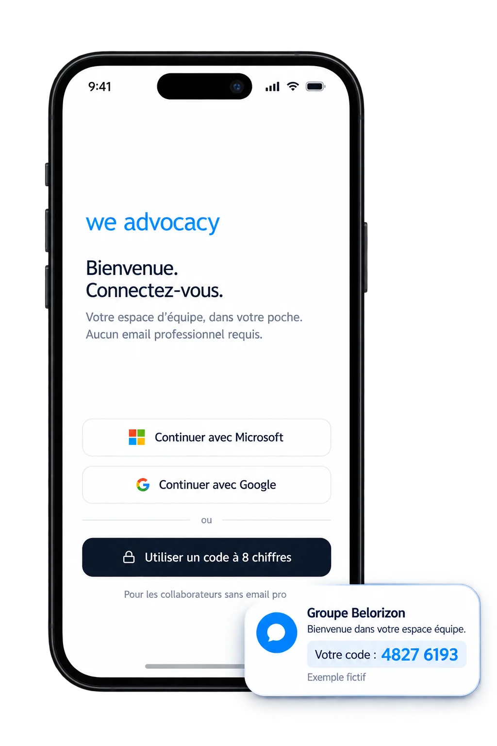 Écran de connexion avec le bouton « Utiliser un code à 8 chiffres » et le SMS contenant le code personnel