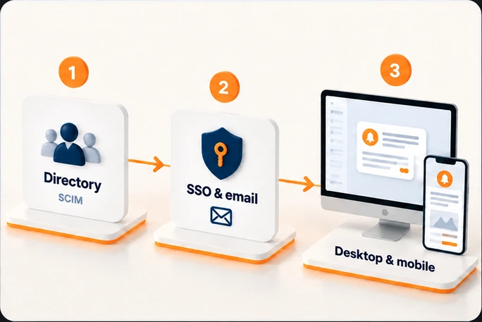 Technical roll-out in three steps: directory via SCIM, SSO and email, then desktop and mobile