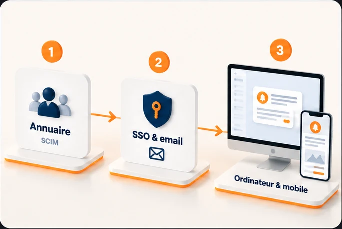 Déploiement technique en trois étapes : annuaire par SCIM, SSO et email, puis ordinateur et mobile