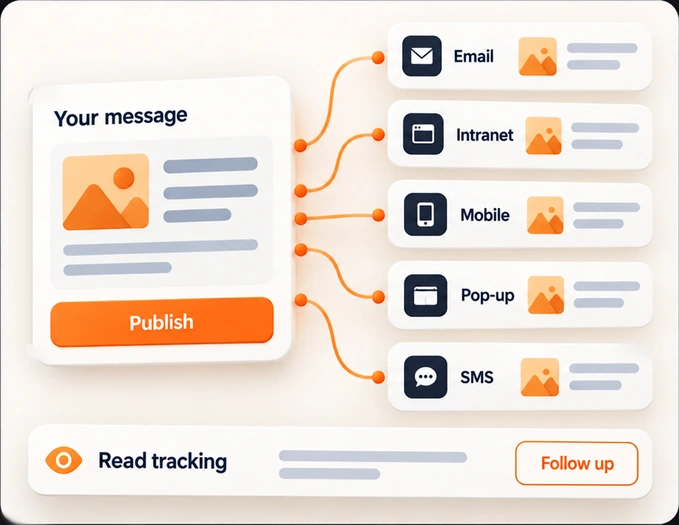 A message published once and delivered by email, intranet, mobile, pop-up and SMS, with read tracking and a reminder button