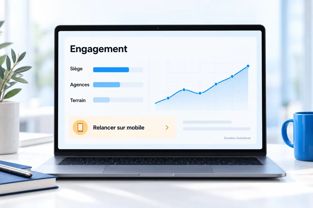 Tableau de bord d'engagement par entité avec une piste d'action de relance sur mobile
