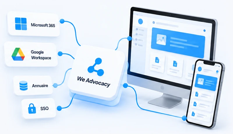 We Advocacy connecté à Microsoft 365, Google Workspace, à l'annuaire et au SSO, et diffusant sur ordinateur et mobile