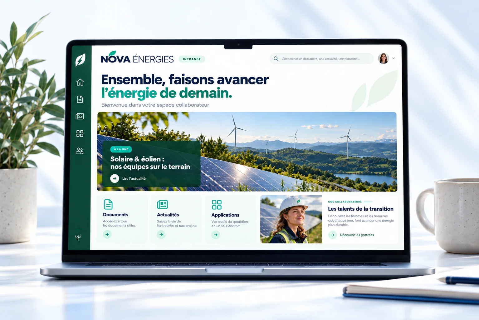 Page d'accueil de l'intranet d'une entreprise d'énergie sur un ordinateur portable : actualité à la une, documents, actualités, applications et portraits de collaborateurs