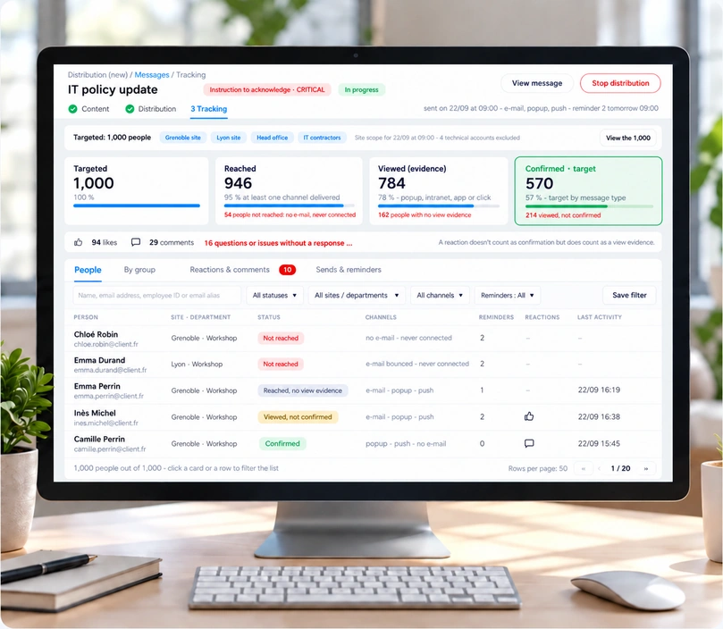 Tracking a message on a computer: employees targeted, reached, who have seen and confirmed reading, with each recipient's status and reminders
