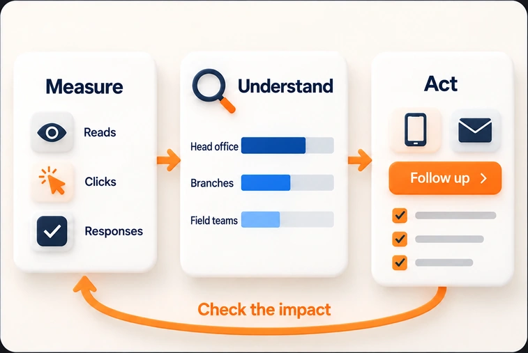 Measure reads, clicks and responses, understand the gaps between head office, branches and the frontline, then act by sending reminders, and check the effect