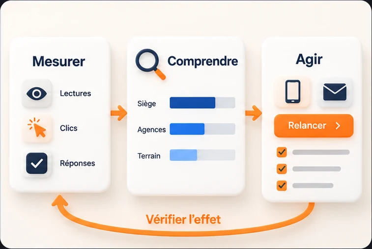 Mesurer les lectures, clics et réponses, comprendre les écarts entre siège, agences et terrain, puis agir en relançant, et vérifier l'effet