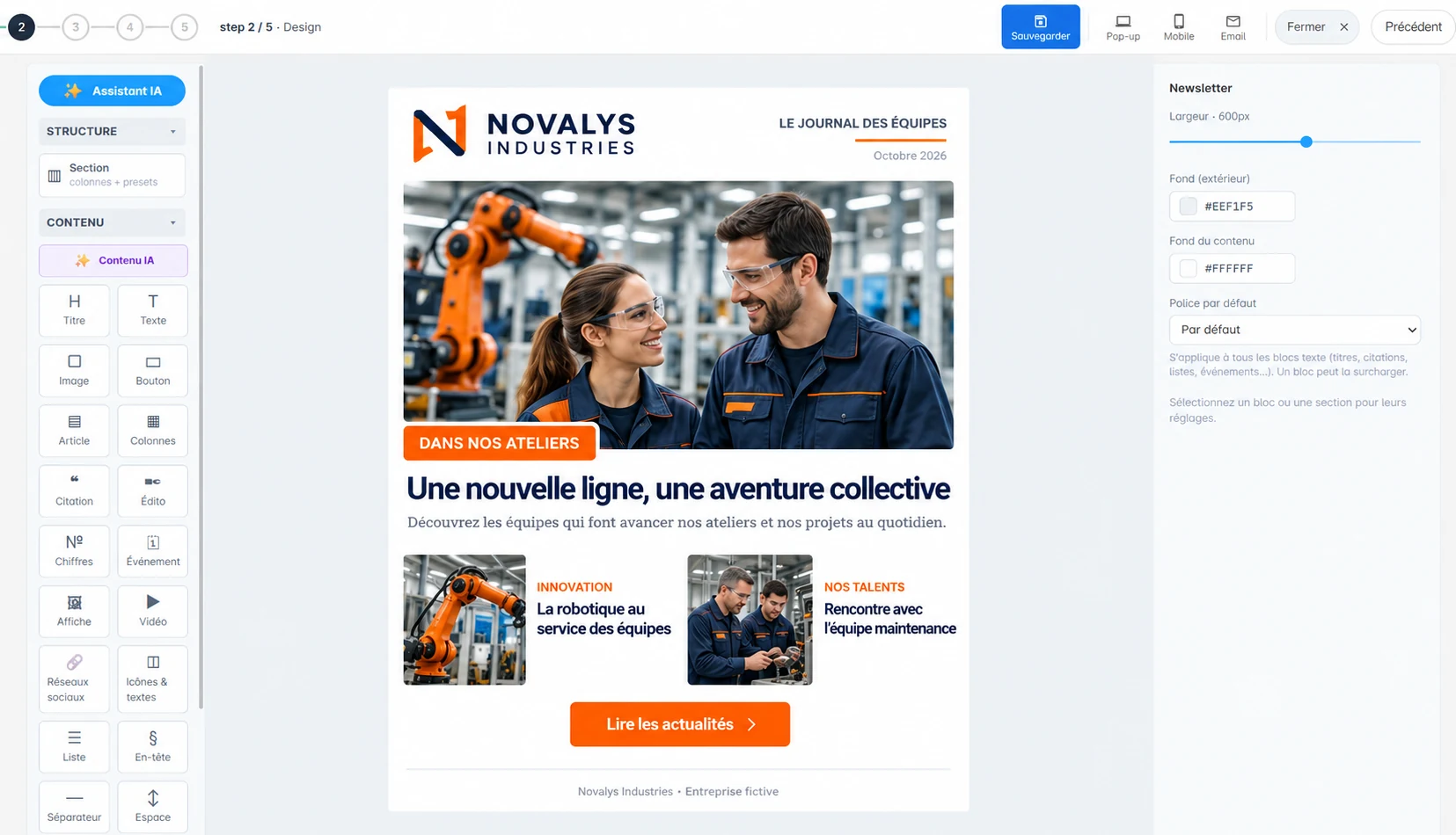 Éditeur de newsletter We Advocacy : blocs de contenu et Assistant IA à gauche, aperçu de la newsletter au centre, réglages à droite