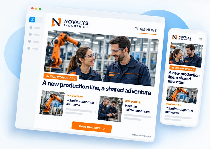 An industrial company's internal newsletter shown on a computer and a smartphone