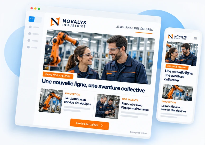 Newsletter interne d'une entreprise industrielle affichée sur ordinateur et sur smartphone