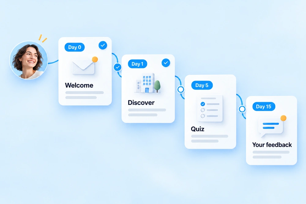 Onboarding journey: welcome, discovery, quiz, feedback