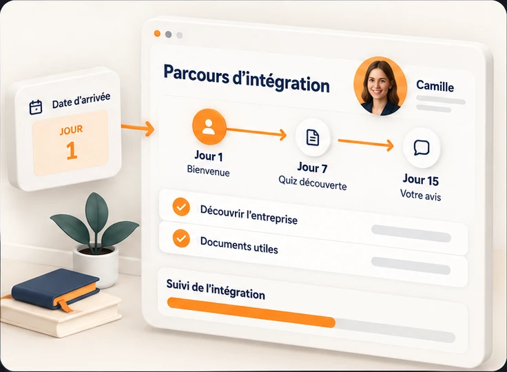 Parcours d'intégration déclenché par la date d'arrivée : bienvenue au jour 1, quiz découverte au jour 7, avis au jour 15, avec suivi de la progression