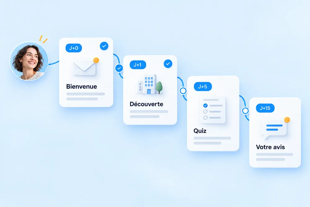 Parcours d'onboarding : bienvenue à J+0, découverte à J+1, quiz à J+5, avis à J+15