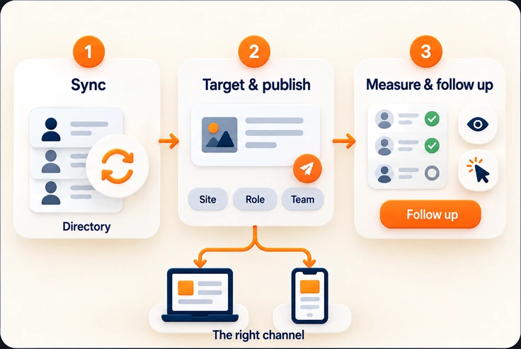 How it works in three steps: synchronise the directory, target and publish by site, job or team, then measure and remind, with delivery on desktop and mobile