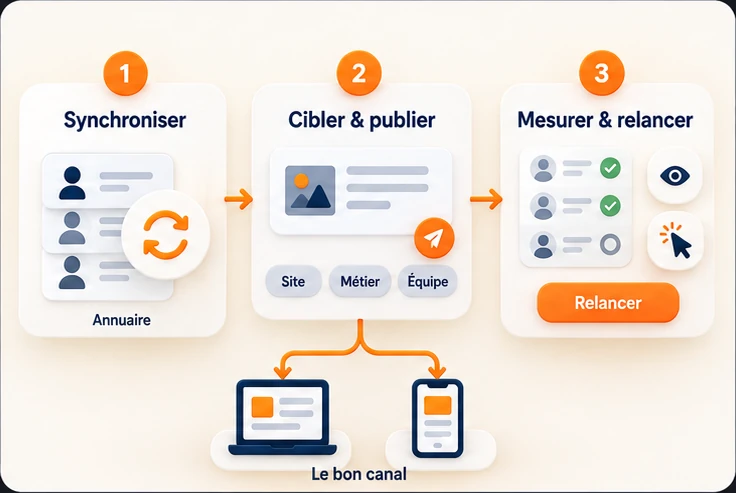 Fonctionnement en trois étapes : synchroniser l'annuaire, cibler et publier par site, métier ou équipe, puis mesurer et relancer, avec diffusion sur ordinateur et mobile