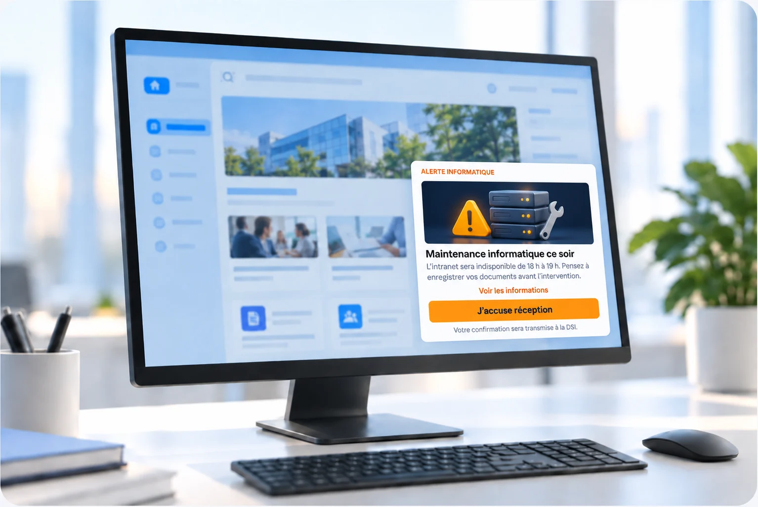 Alerte informatique en popup sur un écran d'ordinateur : maintenance prévue ce soir, avec un bouton J'accuse réception