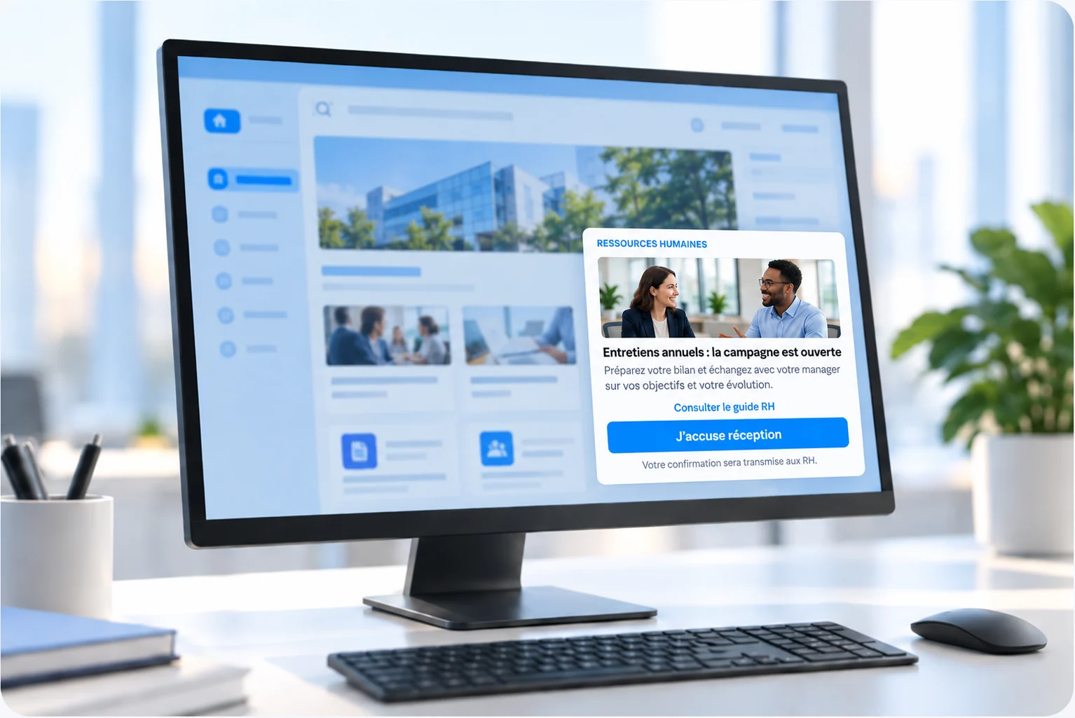 Message RH en popup sur un écran d'ordinateur : campagne d'entretiens annuels, avec un bouton J'accuse réception
