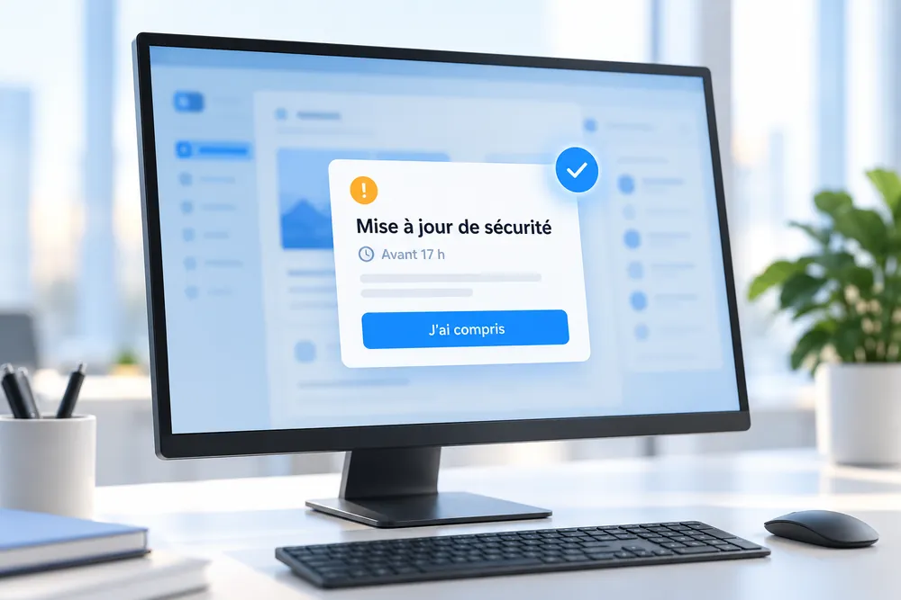 Popup « Mise à jour de sécurité » au premier plan d'un écran d'ordinateur, avec un bouton J'ai compris