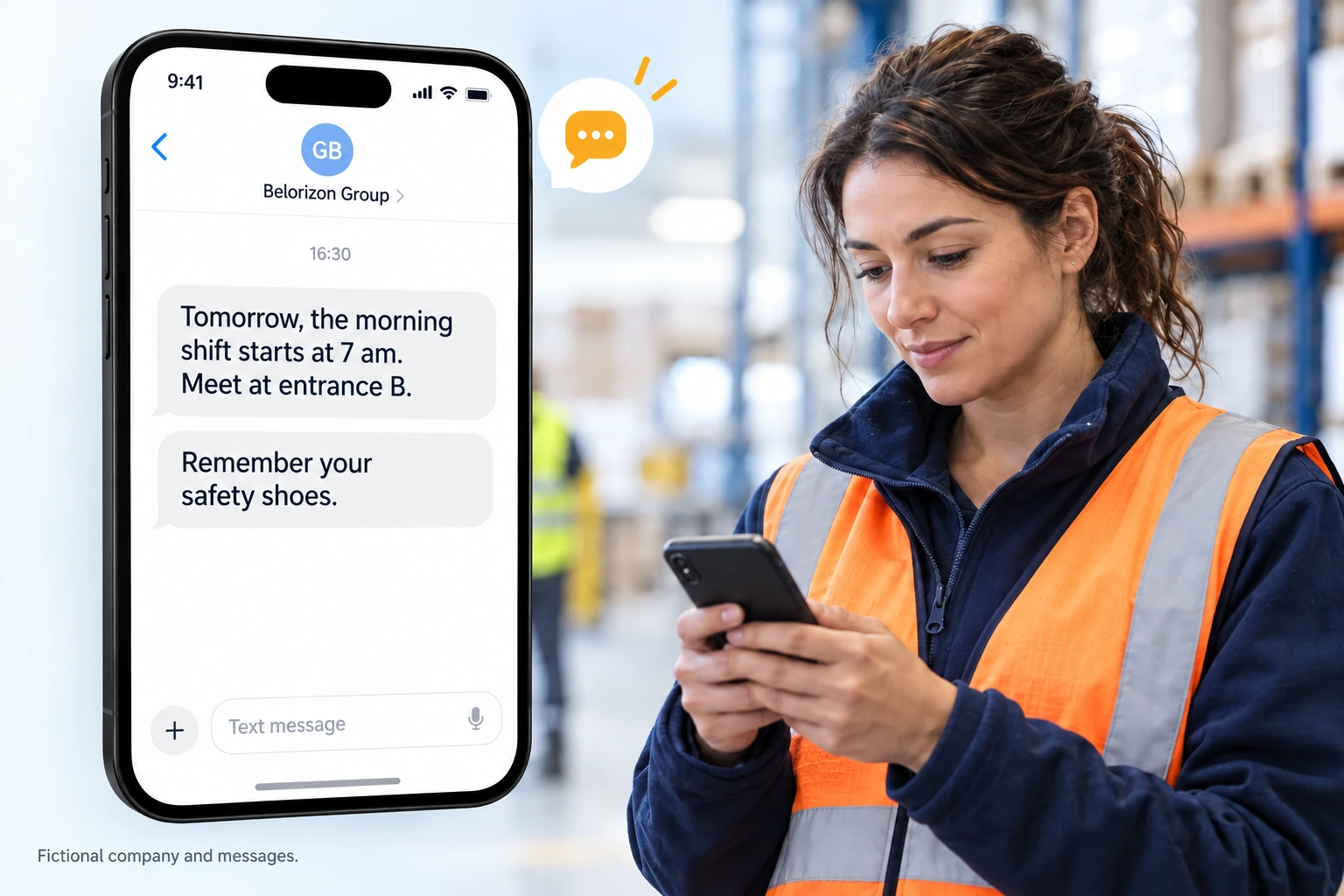 Warehouse employee reading an SMS from her company about the morning shift's start time