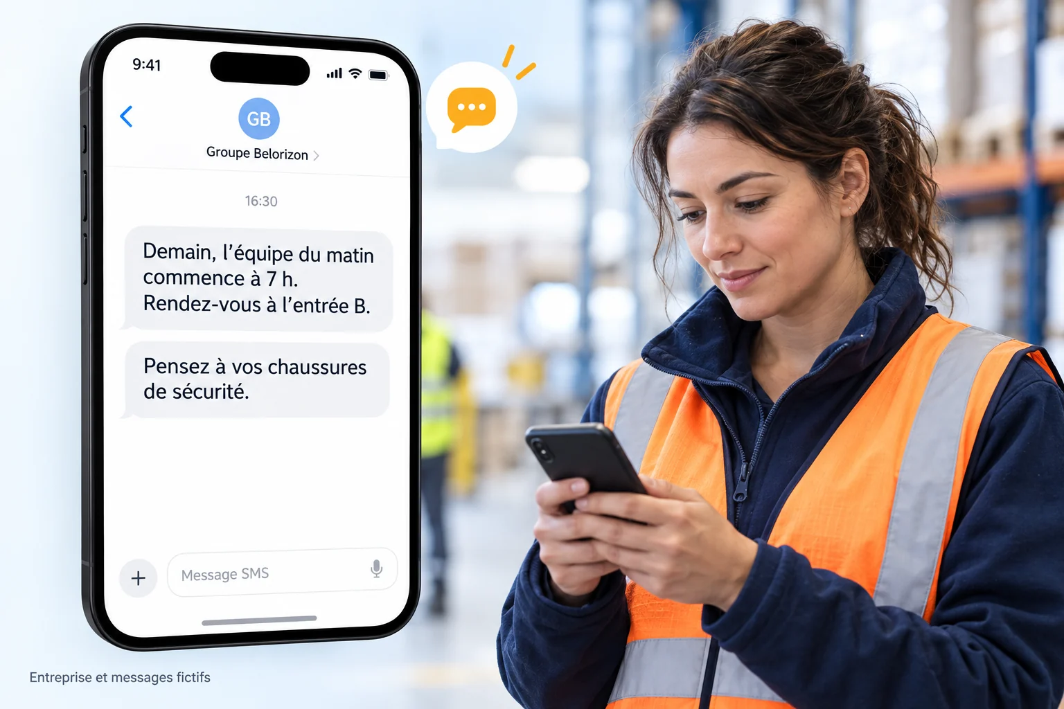 Collaboratrice en entrepôt lisant sur son téléphone un SMS de son entreprise sur l'horaire de l'équipe du matin