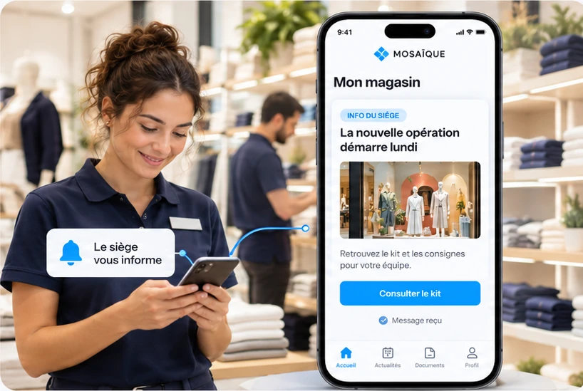 Vendeuse en magasin consultant sur son téléphone une information du siège annonçant une nouvelle opération commerciale, avec un kit et des consignes pour l'équipe