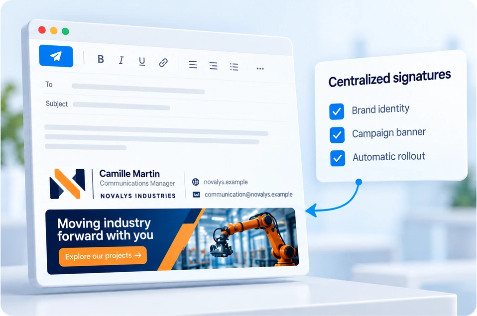 Email with a consistent signature and campaign banner, managed centrally: brand identity, campaign banner and automatic deployment