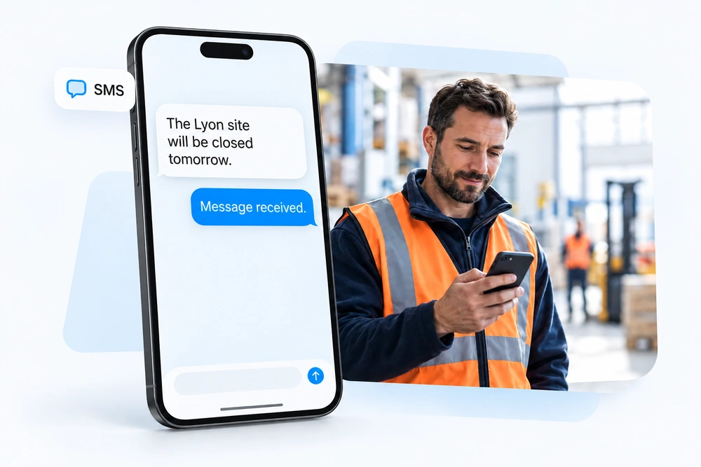 Frontline employee in work clothes receiving an SMS
