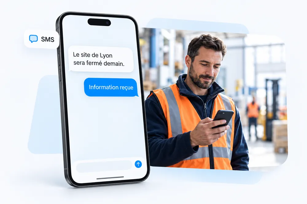 Collaborateur terrain en tenue de travail recevant un SMS