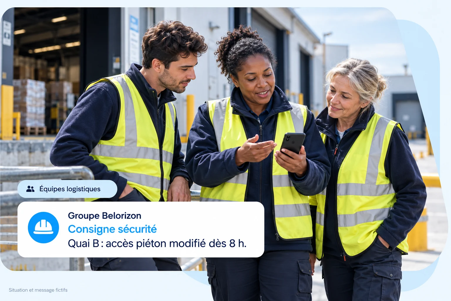 Trois collaborateurs en gilet de sécurité devant un entrepôt consultent sur un téléphone une consigne sécurité sur l'accès piéton au quai B