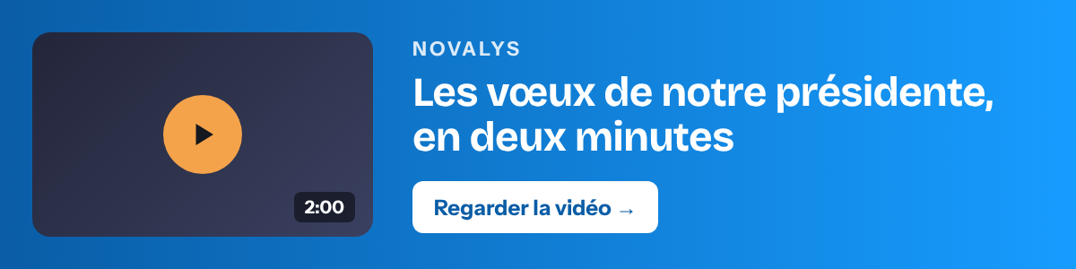 Bannière de vœux avec une vignette vidéo et un bouton de lecture : « Les vœux de notre présidente, en deux minutes »